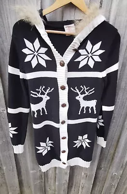 Buy Friends Of Coulture Sz M Wool Blend Knit Long Cardigan Reindeer Hooded Fur • 49.93£
