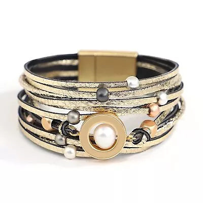 Buy Pearl Beads Metal Round Charm Soft Leather Bracelets Bohemian Wrap Jewelry • 6.65£