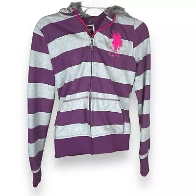 Buy U.S. Polo Assn. Fur Lined Hoodie, Purple Stripes, Size Small, Big Polo Logo • 28.86£