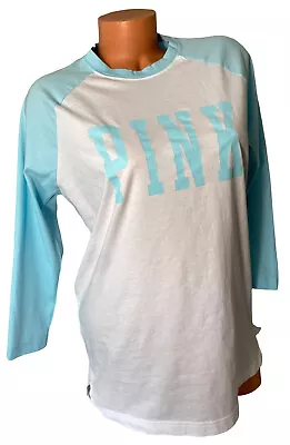 Buy Victorias Secret PINK White & Blue Raglan Baseball Logo T-Shirt Small • 9.47£