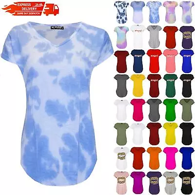 Buy Womens Ladies Curved Hem Tie Dye Printed T-Shirt V Neck Turn Up Sleeve Basic Top • 3.99£