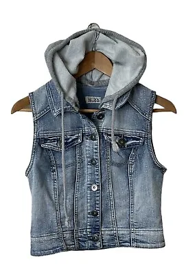 Buy Mudd Denim Blue Jean Vest Jacket With Removeable Gray Sweatshirt Hood Juniors M • 14.60£