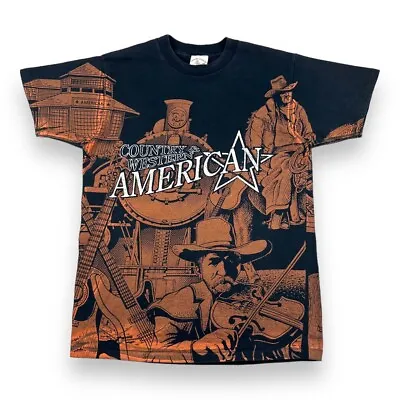 Buy Vintage 90’s Country & Western Single Stitch T Shirt Black Orange Medium • 19.99£