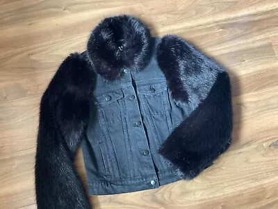 Buy By Very Black Grey Denim Jacket Faux Fur Collar Sleeve Aviator  Uk 10  • 44.99£