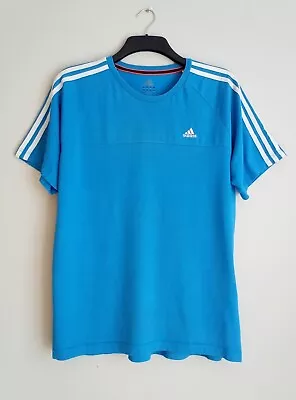 Buy Adidas Essentials Embroided Logo White Stripes Blue Tee T-Shirt Size M • 6.99£