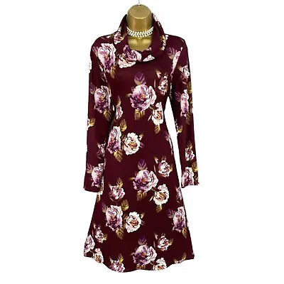 Buy NINA LEONARD Dress Size 12 14 M Maroon Purple Floral Stretch Jersey Knit Cowl • 22.99£
