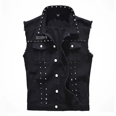 Buy Men Punk Studded Denim Gilet Sleeveless Biker Jacket Waistcoat Casual Jeans Vest • 19.99£