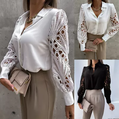 Buy Ladies Lace Blouse Elegant Temperament Long Sleeve T Shirt Tops Womens Plain Tee • 10.99£