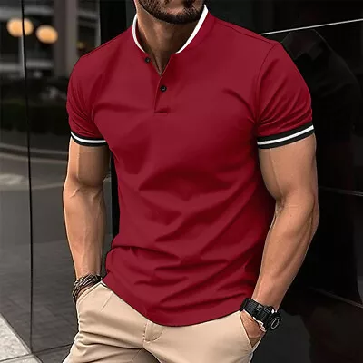 Buy UK Mens Summer T-Shirts Button V Neck Plain Casual Pullover Slim Tee Tops Blouse • 10.79£