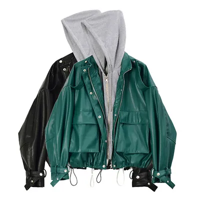 Buy Ladies Faux Leather Drop Shoulder Loose Jacket Oversized Mock Hoodie Coat Casual • 66.10£