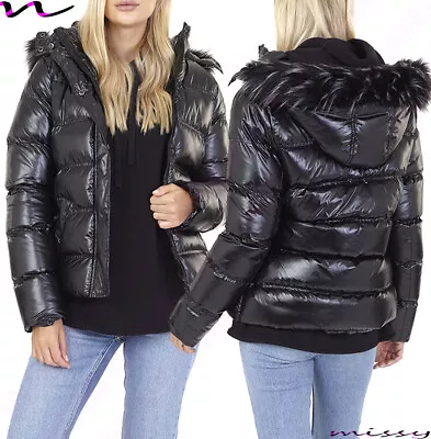 Buy New Ladies Black Shine Quilted Winter Coat Puffer Fur Collar Hooded Jacket Size • 18.89£