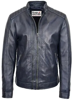 Buy Mens Real Leather Biker Jacket Classic Casual Style Archie Navy Blue • 114.81£