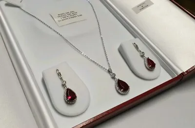 Buy White Gold Finish Ruby Pearcut Necklace Earrings Valentines Love Story Book Box • 149.99£