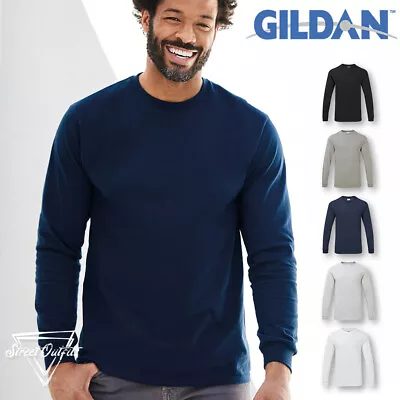 Buy Long Sleeve Heavy Mens T-Shirt Crew Neck Cotton Jersey Plain Top Gildan Hammer • 9.58£