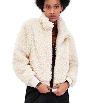 Buy Zara Trf Collection Teddy Bomber Jacket Full Zip Ribbed Cuff Hem Ivory Cream M • 28.97£