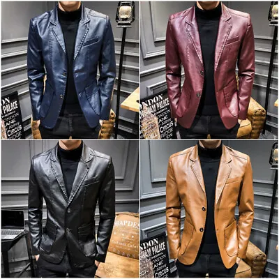 Buy Mens Leather Jacket Slim Fit Two Button Blazer Business Lapel Casual Coat Size • 27.90£