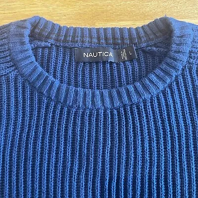 Buy £95 Nautica (l) Blue & Navy Cotton Crew Neck Sweater With Tram Line Detail C1 • 35£