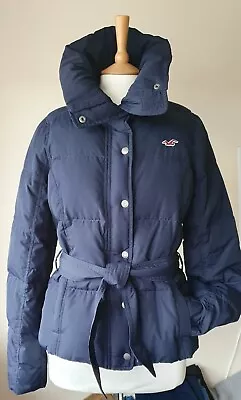 Buy Hollister Sz L Down Puffer Jacket Padded Belted Coat Navy Tartan High Collar Exc • 26.99£