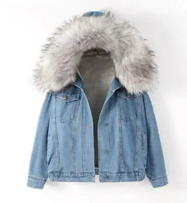 Buy Women's Fur Lining Denim Jacket Hooded Parka Coat Fashion Korean Furry Collar • 31.19£