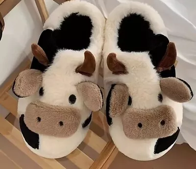 Buy Womens  Ladies Fuzzy Cow Slippers Cute Cozy Anti-slip Warm UK Size 7.5 - 8 • 9.99£