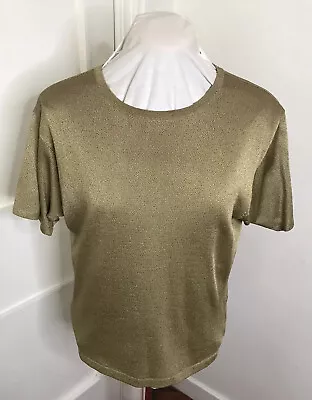 Buy LIZ CLAIBORNE Collection Fine Knit Gold Metallic Short Sleeved Jumper Size L • 12.50£