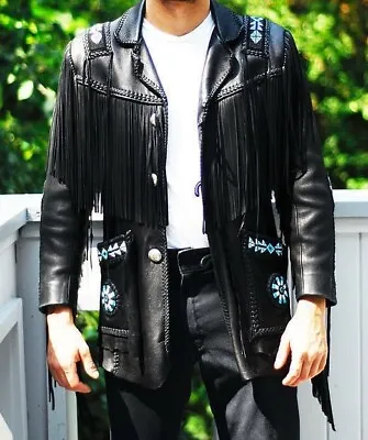 Buy NEW-Men Style Black Western Cowhide Leather Fringe Jacket Native American-1980's • 139.99£