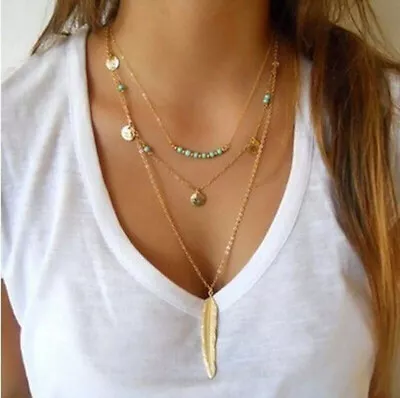 Buy Festival Jewelry Long Chain Drop Multi Layer Necklace Bar Pendant Necklace • 4.59£