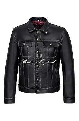 Buy Men's  TRUCKER  Black Italian Cow Hide Casual Denim Style Button Western Jacket • 149.68£