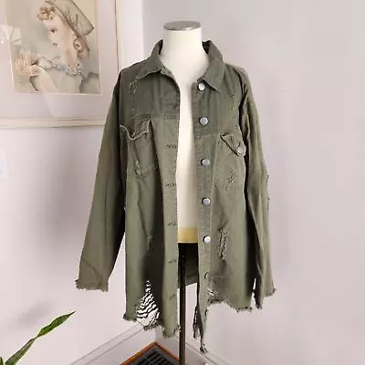 Buy Highway Jeans Jacket Womens 3X Distressed Denim Green Military Grunge Goblincore • 23.57£