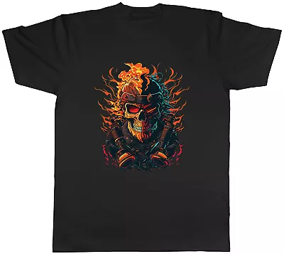 Buy Biker Skull Mens T-Shirt Rock Flames Fire Skeleton Unisex Tee Goth • 8.99£