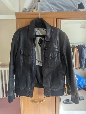 Buy Retro Style Black Leather Bomber Jacket • 15£