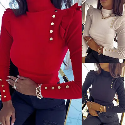 Buy Womens High Neck Ruffle Long Sleeve Blouse Ladies Office Work Casual T Shirt Top • 3.39£