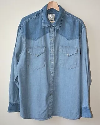 Buy Blue Mid Wash Denim Popper Fastening + Pockets Oversized Shirt Size 10/12 To 22 • 8£
