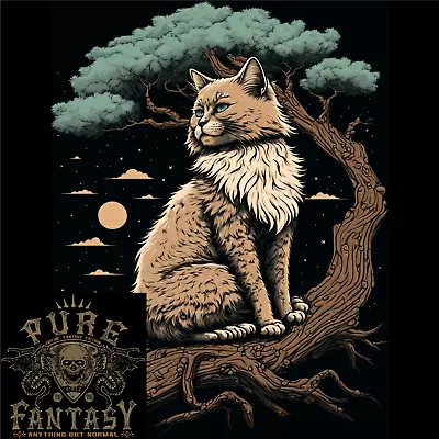 Buy A Moon Cat Sitting On A Tree Fantasy Mens Cotton T-Shirt Tee Top • 10.75£