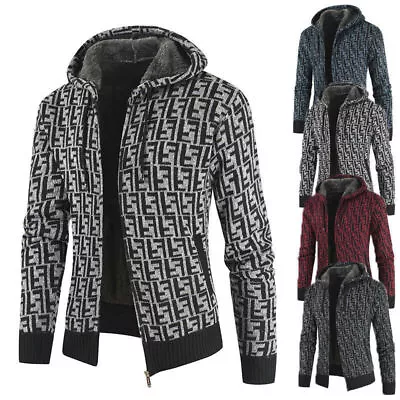 Buy Mens Fur-Lined Hoodie Knitted Sweater Cardigan Zip Top Pocket Coat Jacket Jumper • 28.54£