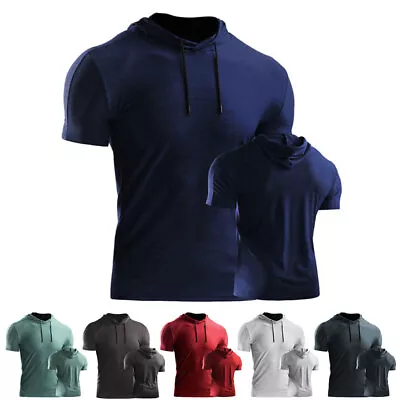 Buy Mens Short Sleeve Hoodies Slim Fit Workout Fitness Sport Gym Hooded Tops T Shirt • 11.89£