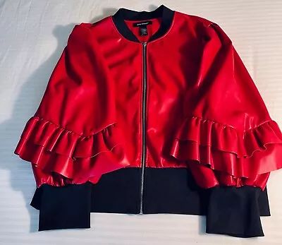 Buy Ashley Stewart Women's Faux Leather Jacket Red W/Black Trim Ruffles Never Worn • 28.42£