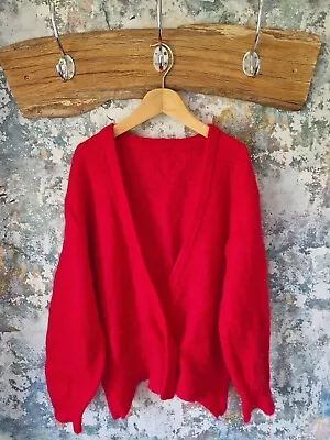 Buy Beautiful Womens Vintage Red Bright Bold Wool Hand Knitted Short Crop Cardigan M • 16.99£