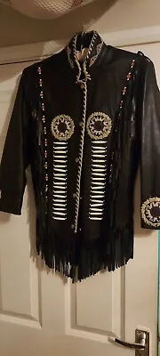 Buy Vintage 90s Black Leather Western Cowgirl TRIBAL NATIVE Tasselled Jacket Size S • 85£