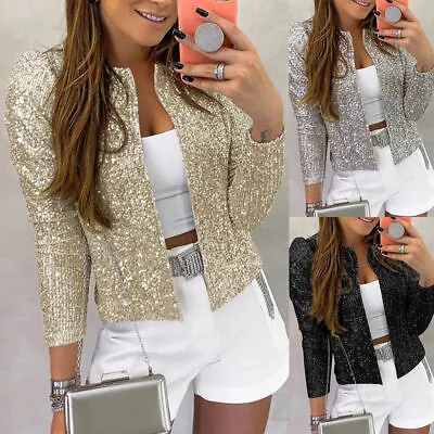 Buy Women Sequin Glitter Cropped Coat Blazer Ladies Evening Clubwear Jacket Cardigan • 13.39£