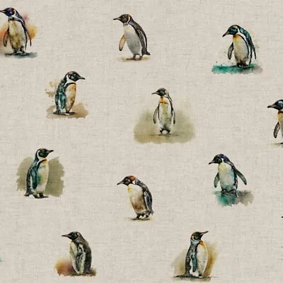 Buy Cotton Rich Linen Look Fabric Digital Watercolour Penguin Bird Birds 140cm Wide • 14£
