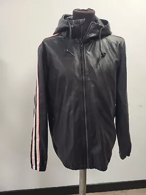 Buy Pull & Bear Jacket Coat Black Hood Stripe Leather Feel Full Zip T2520 R5713 • 14.99£