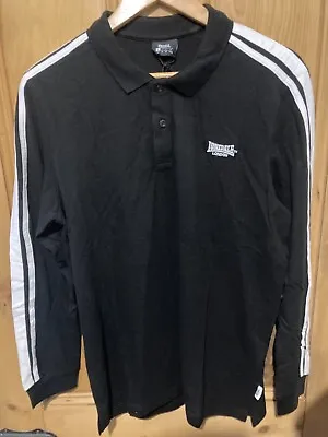 Buy Large Lonsdale Mens Black 2 Stripe Long Sleeve Polo Shirt Casual Top • 10£