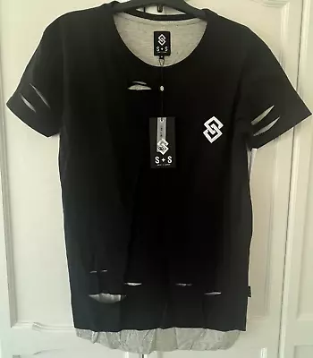 Buy Saint & Sinner Black Grey Holey Longline Dip Hem Layered T Shirt Size Medium M • 8.50£