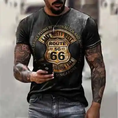 Buy Black Men Route66 Letter T Shirts Vintage Short Sleeve America Route • 15.89£