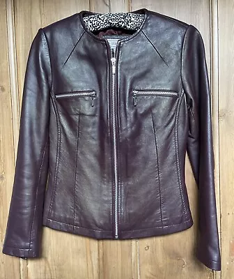 Buy Principles Collarless Dark  Burgundy Soft Leather  Fitted Biker Jacket Size 8 S • 45£