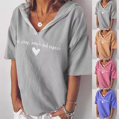 Buy Women V-Neck Hooded Short Sleeve Blouse T-Shirt Ladies Loose Solid Pullover Tops • 3.99£
