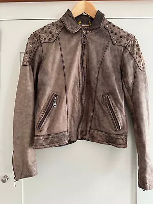 Buy Domo Distressed Faded Brown Leather Jacket With Stud Detail On The Shoulders S/M • 40£