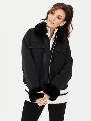 Buy Very Michelle Keegan Black Faux Fur Trim Denim Jacket Size 14. • 19.99£