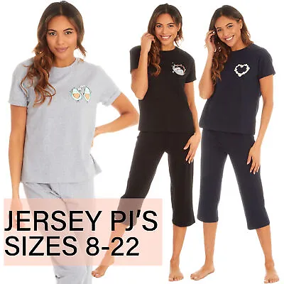 Buy Ladies Capri Pyjamas Cropped Pyjama Set For Womens Jersey 8 10 12 14 16 18 20 22 • 13.99£